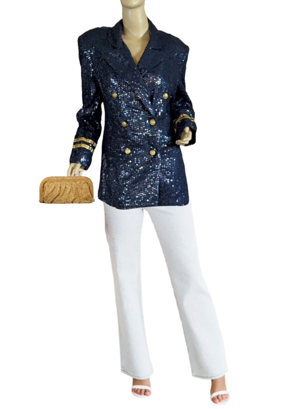 VINTAGE 1980'S LEW MAGRAM BLUE & GOLD NAUTICAL THEME SEQUIN BLAZER (L)